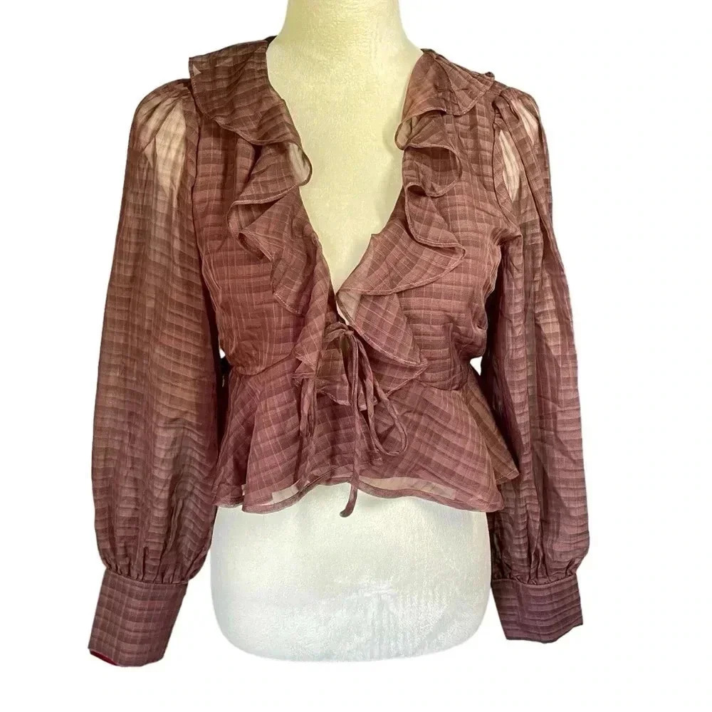 Le‎ Lis Collection Cropped Ruffle Semi Sheer Brown Long Sleeves Top Women Size S